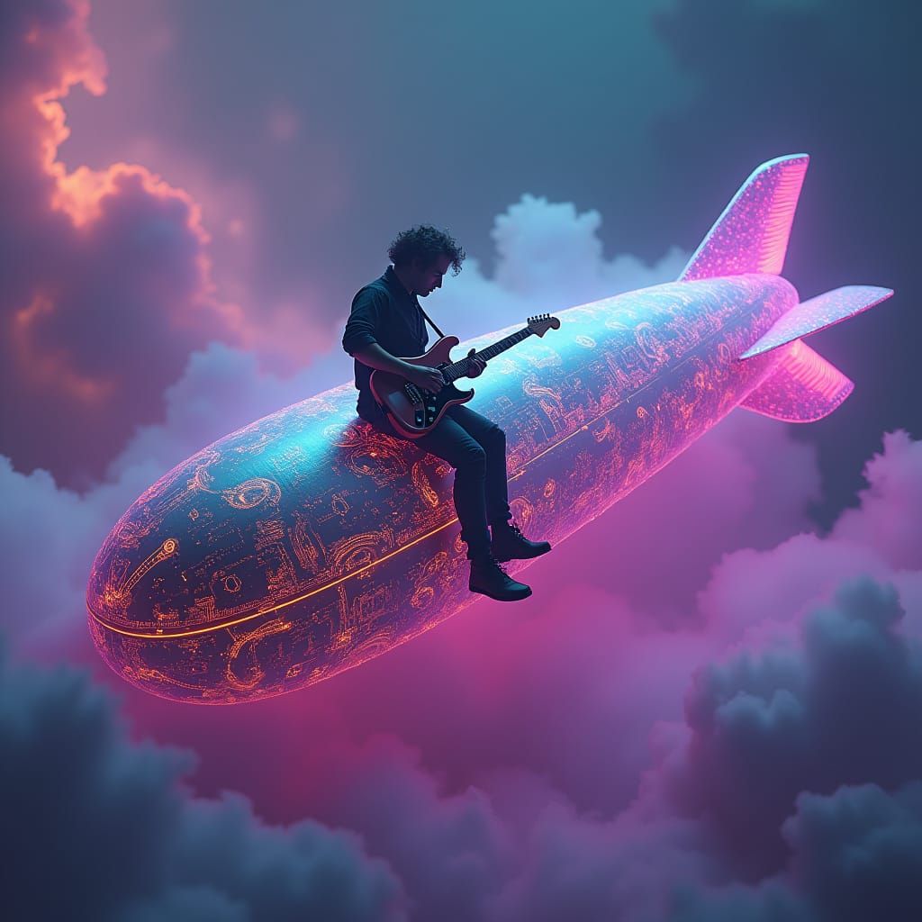 Psychedelic Guitarist on Glowing Zeppelin: Neon Art