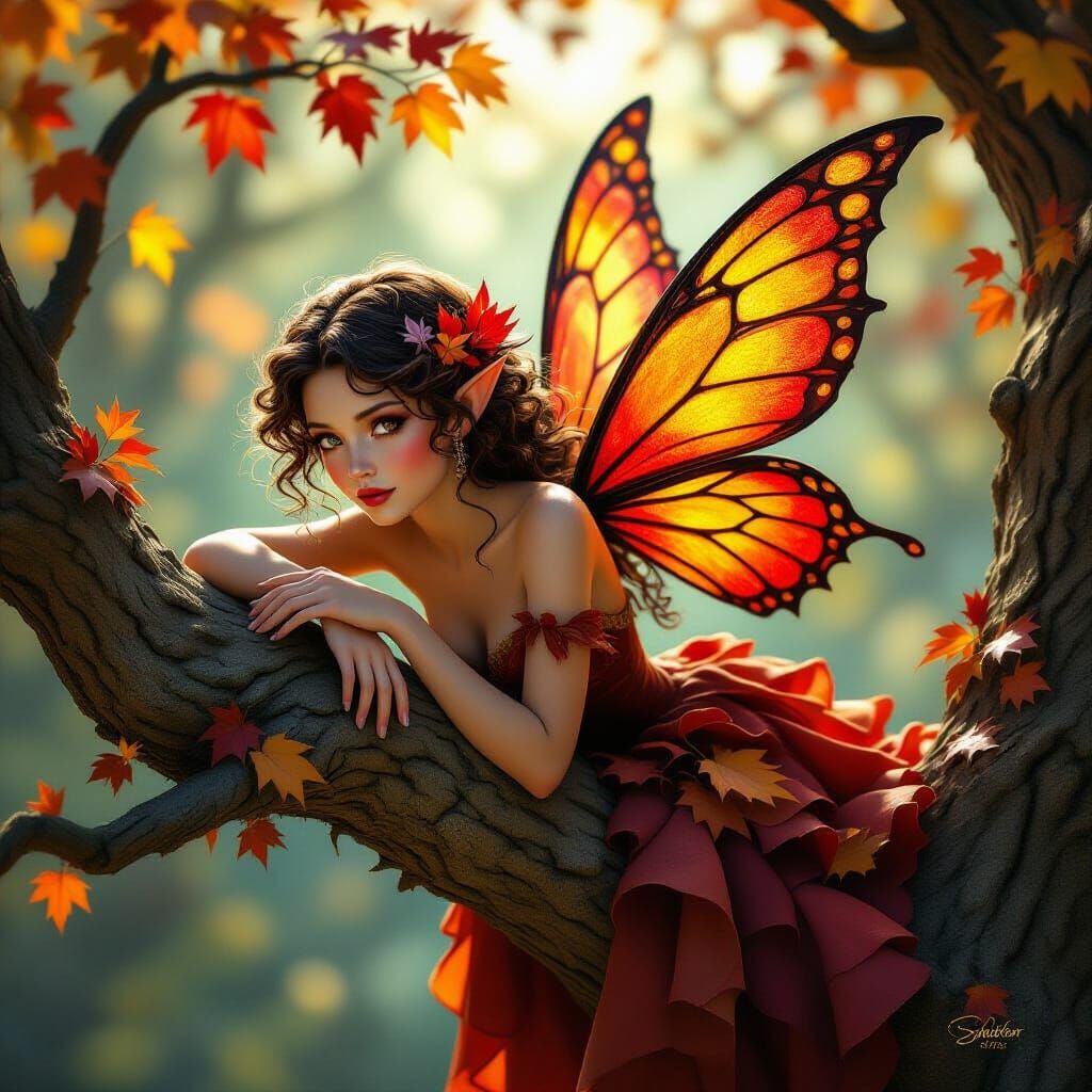 A photorealistic digital artwork of a fairy resting graceful...