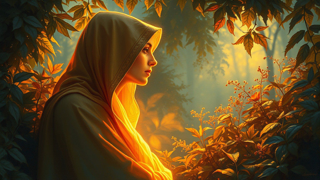 Golden Figure Amidst Lush Foliage, Oil Painting Style