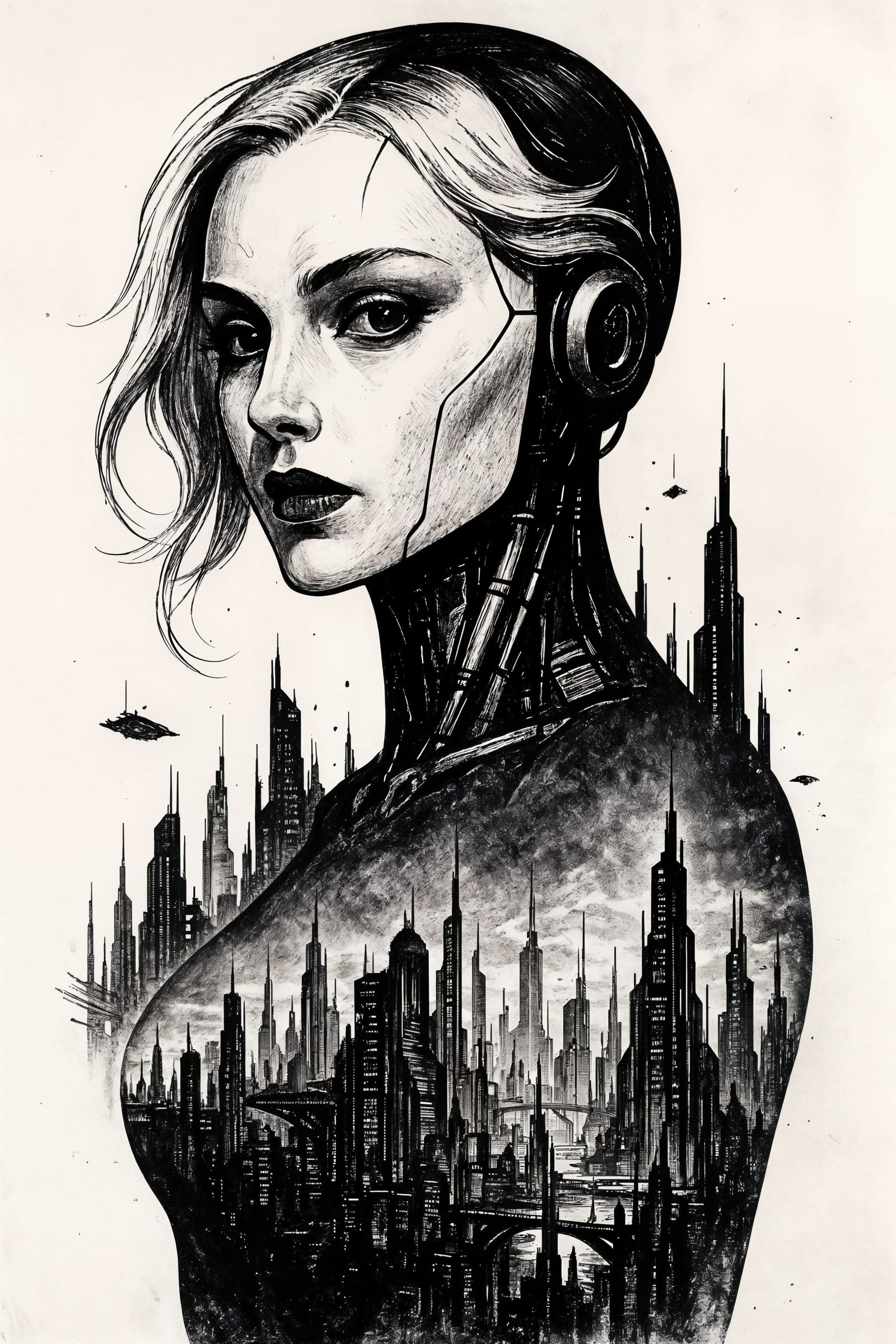 Striking Robot Portrait with Sci-Fi Cityscape