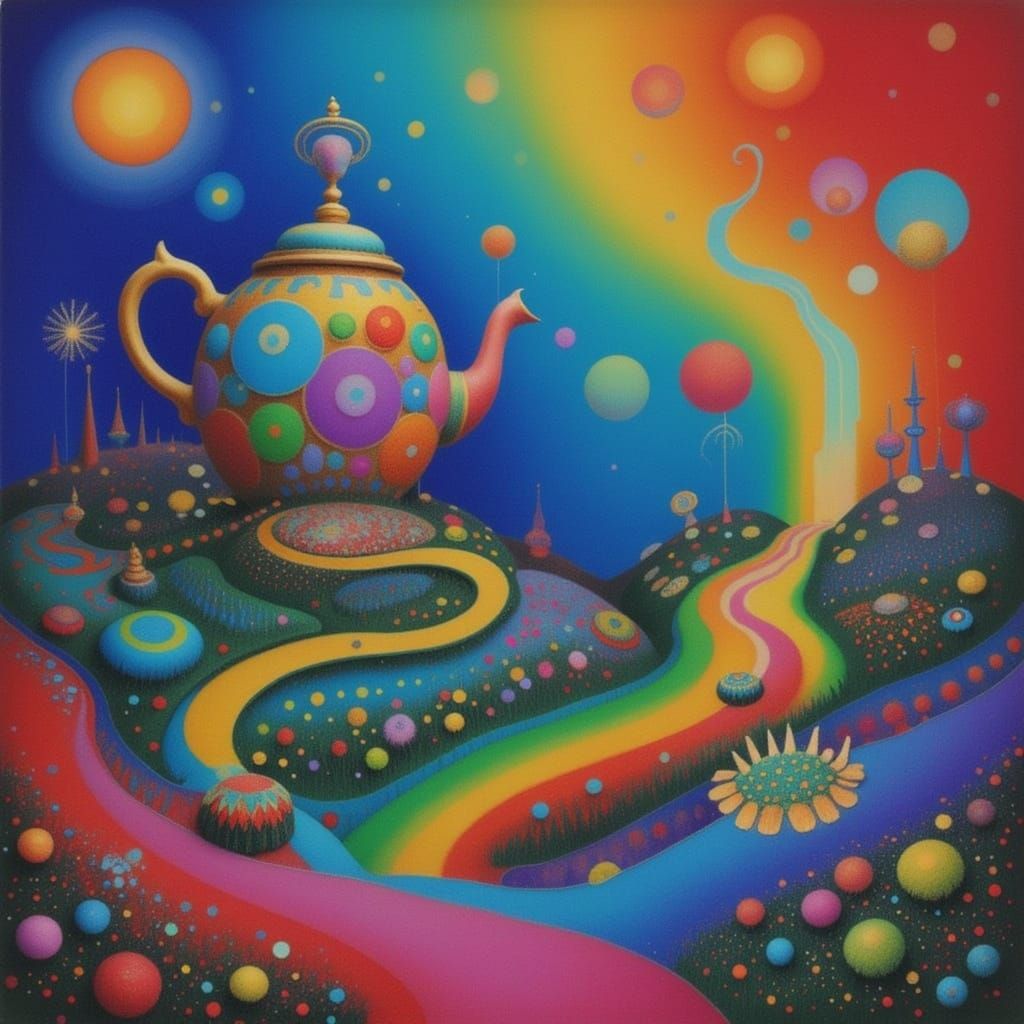 Surreal Floating Islands with Cracked Teapot Waterfall