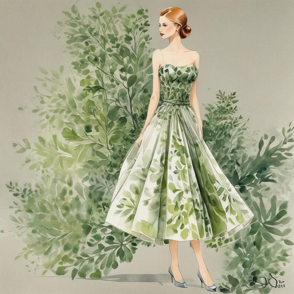 Art by Christian Dior, elegant dress made of leafy greens, m...