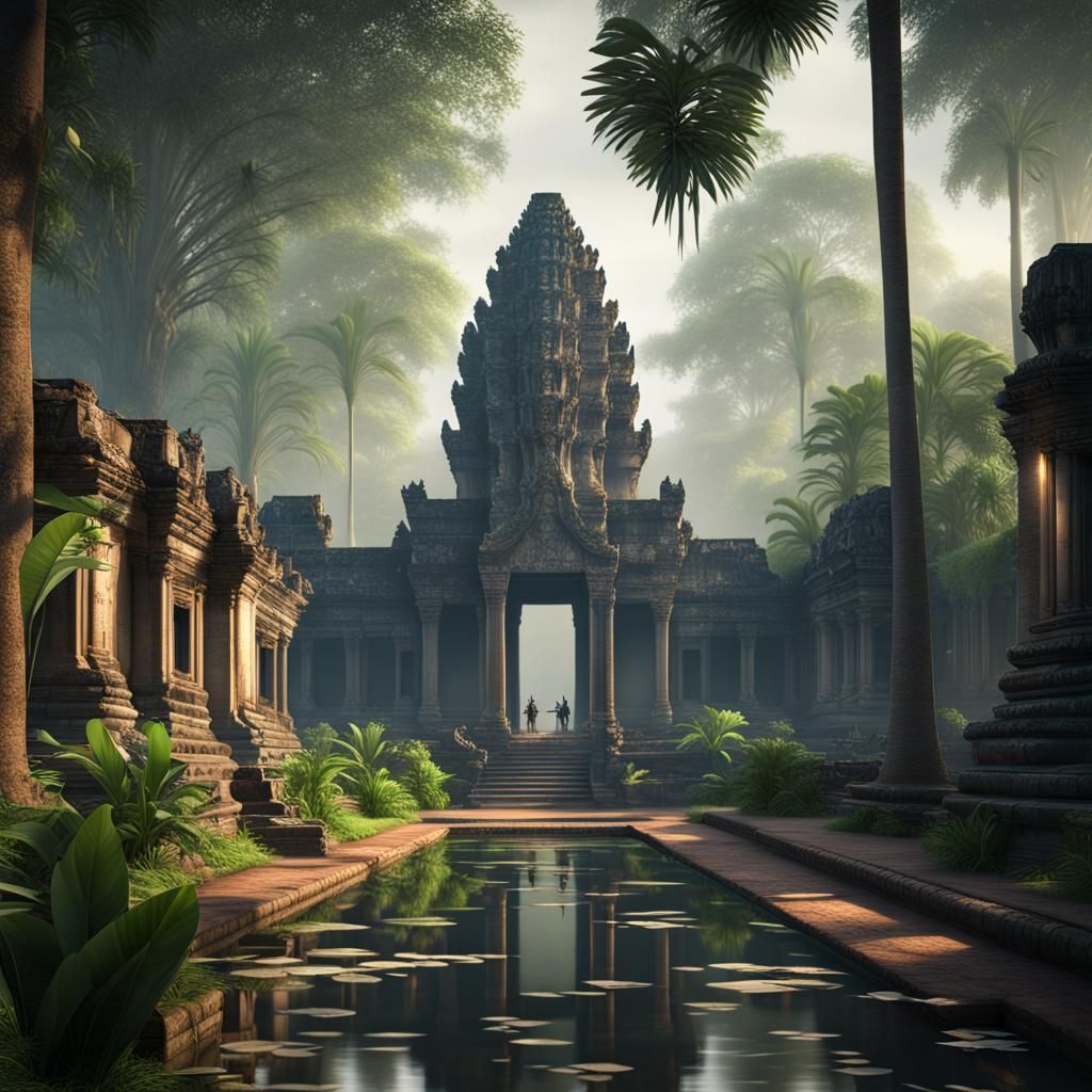 Angkor Palace Colonnade in Morning Mist, Matte Painting