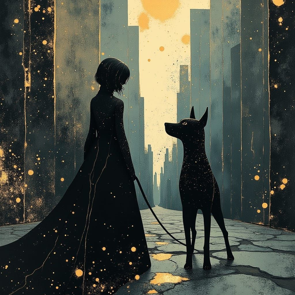 Ethereal Urban Goddess Strolls with Majestic Black Hound Und...