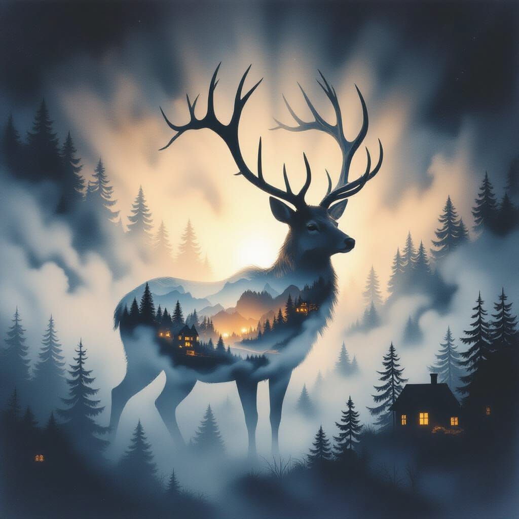 Ethereal Spirit Deer in Misty Twilight World Gouache Paintin...