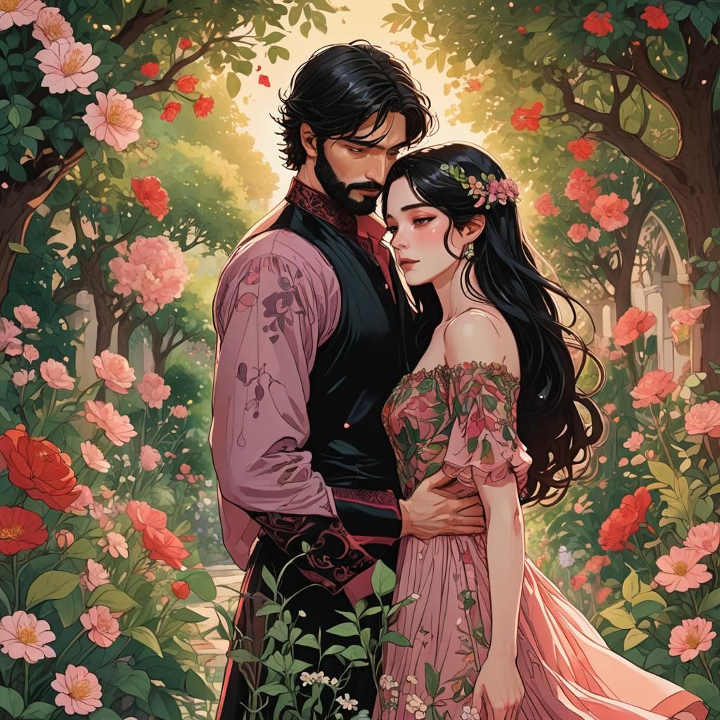 Embrace in Whimsical Garden in Graphic Novel Style