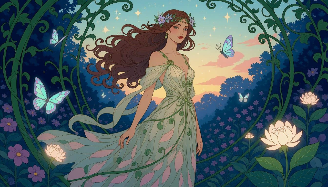 Mystical Woman in Enchanted Garden Art Nouveau Style