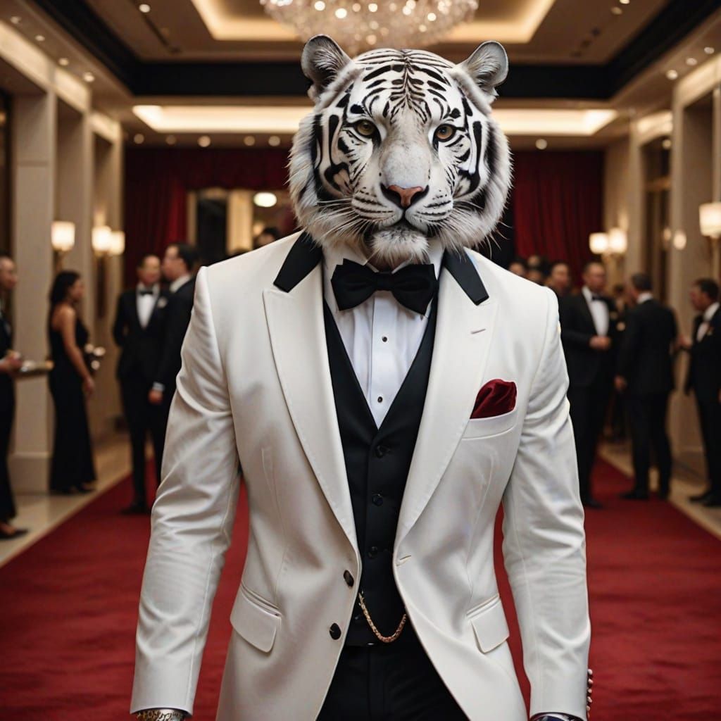 A White Tiger in a sleek tuxedo, confidently posing for flas...