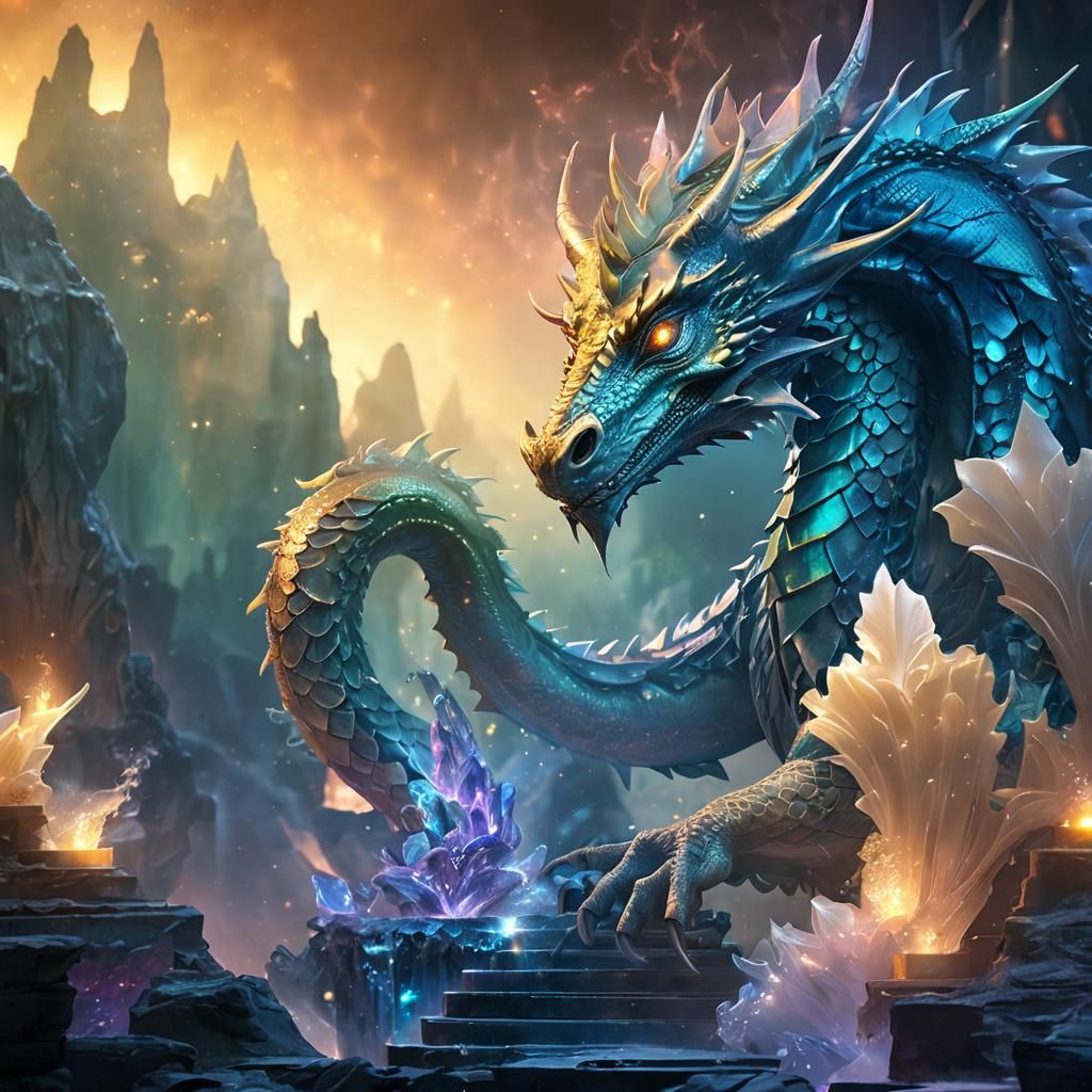 Iridescent Dragon on Crystal Pedestal, Fantasy Art