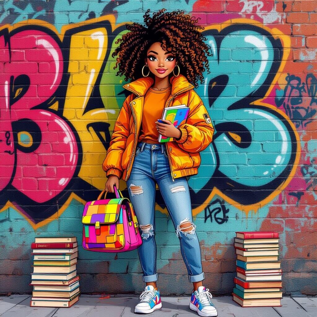 Stylish Girl with Bookbag in Cartoon Digital Art