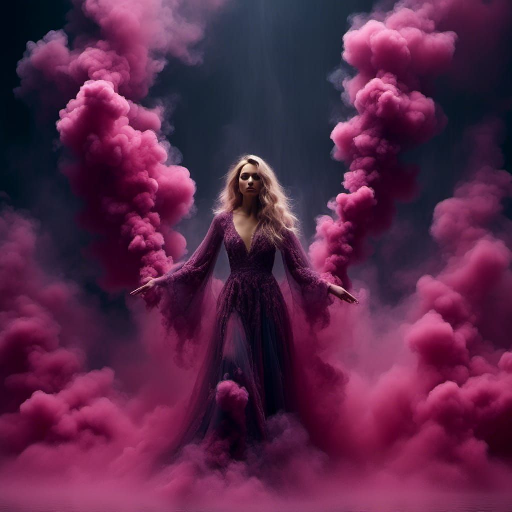 Blonde Genie Rising from Multi-Colored Smoke