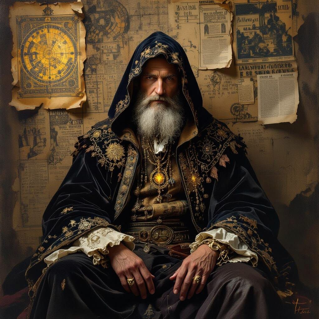 Enigmatic Figure with Celestial Maps in Painterly Style