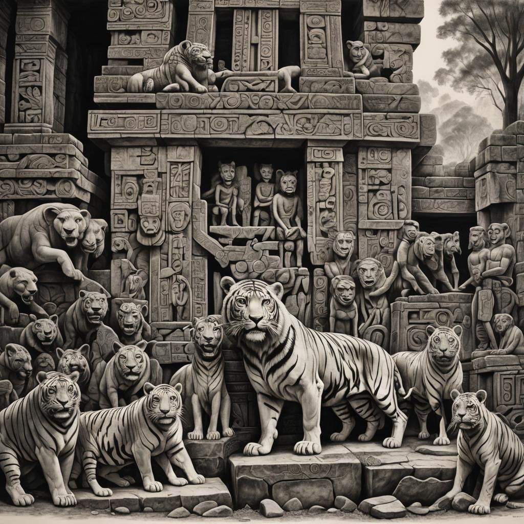 Lion, Tiger, Panther Musicians in Mayan Ruins