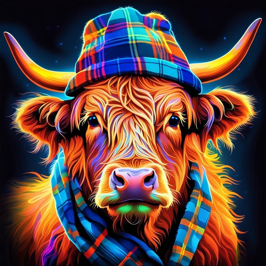 Neon Surreal Highland Cow Digital Illustration