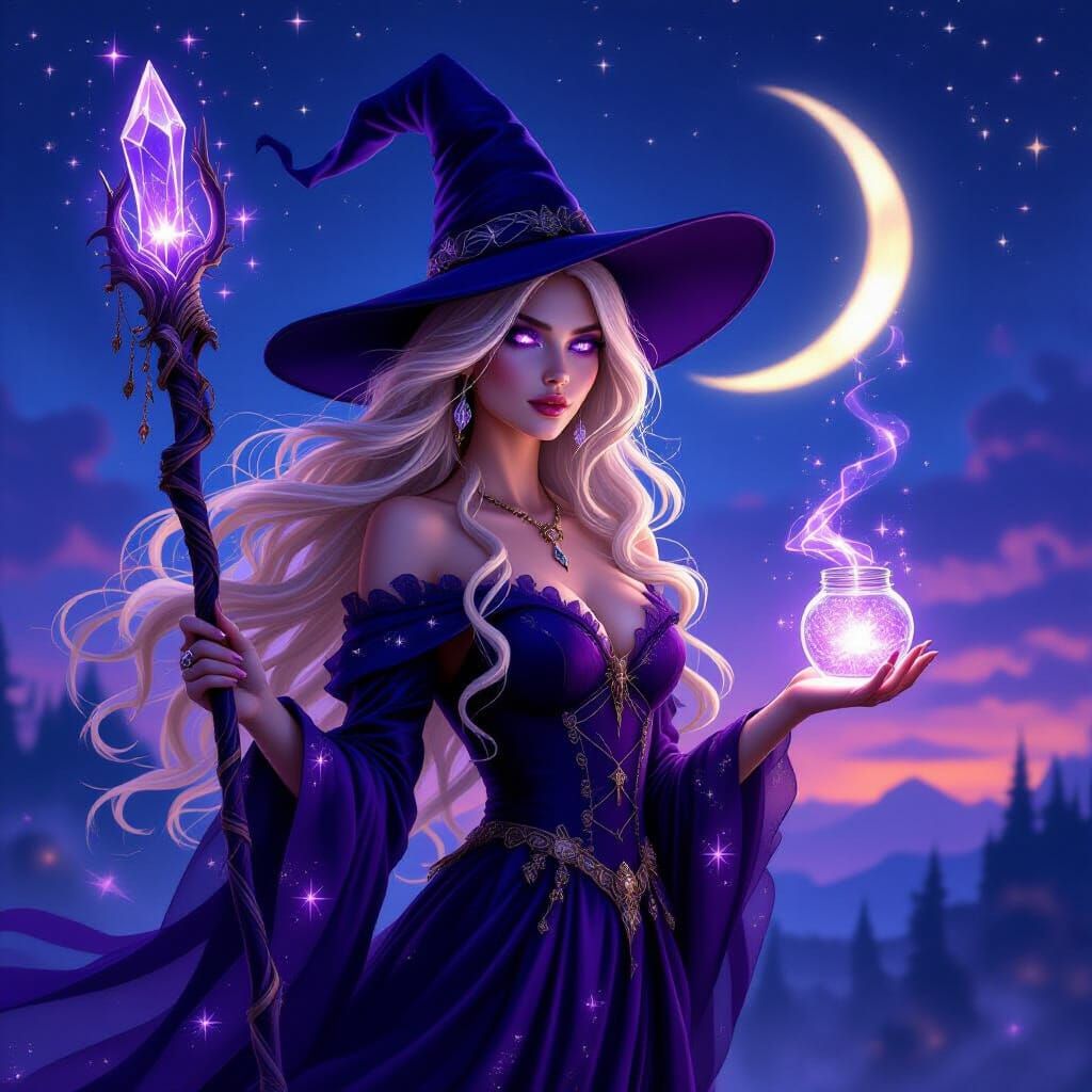 Mystical Witch Under Twilight Sky