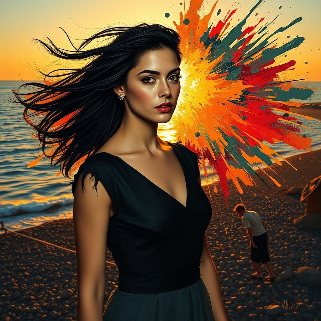 Elegantly Dressed Young Woman Stands Alone on Ocean's Edge a...