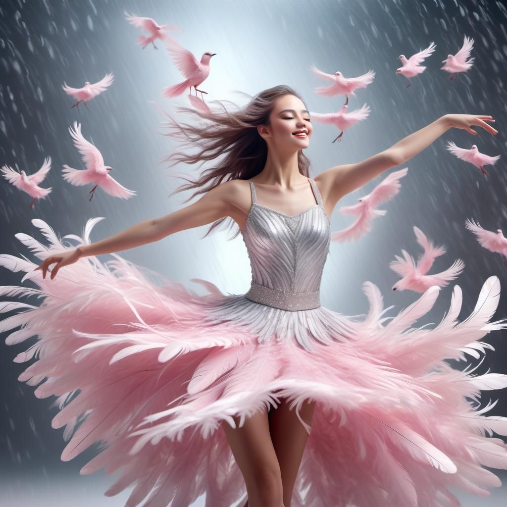 Woman Dancing in Pink Feathers: Realistic Oil Painting