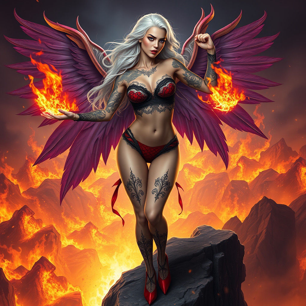 Winged Woman Ablaze in Dark Fantasy Art