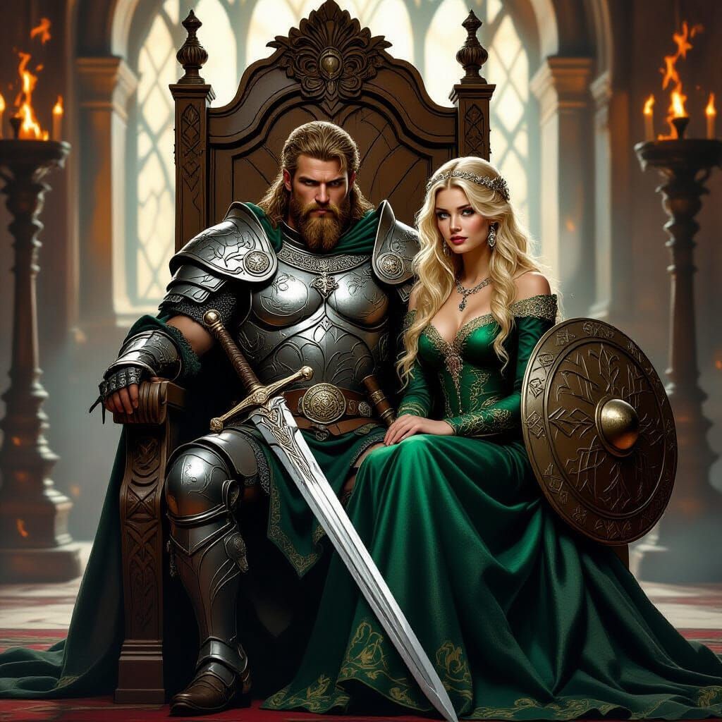 Celtic Warrior King and Princess on Throne