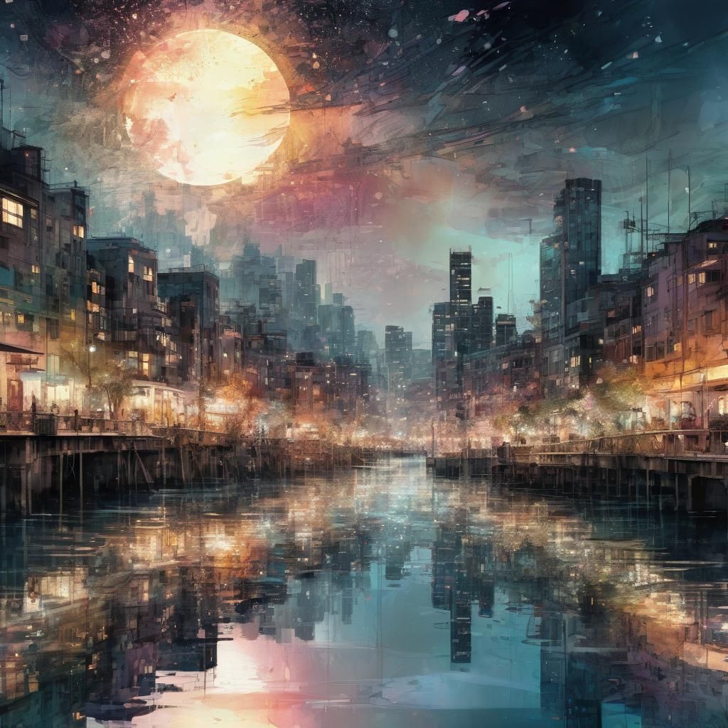 Cityscape on Moonlit Waters: Digital Watercolor Illustration