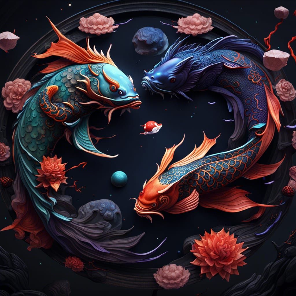 Yin Yang Koi Dragon in Space, Detailed Painting