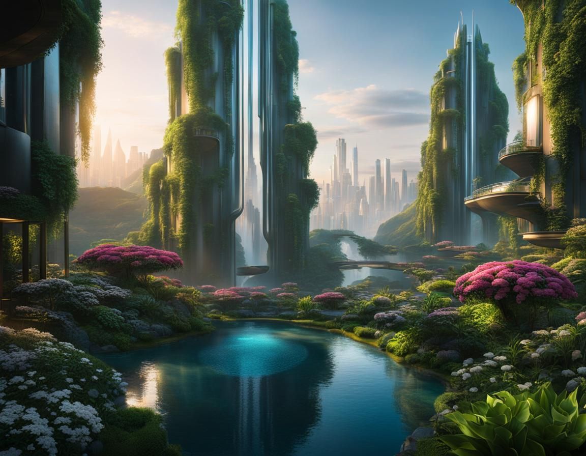 Utopian Futuristic City with Lush Nature