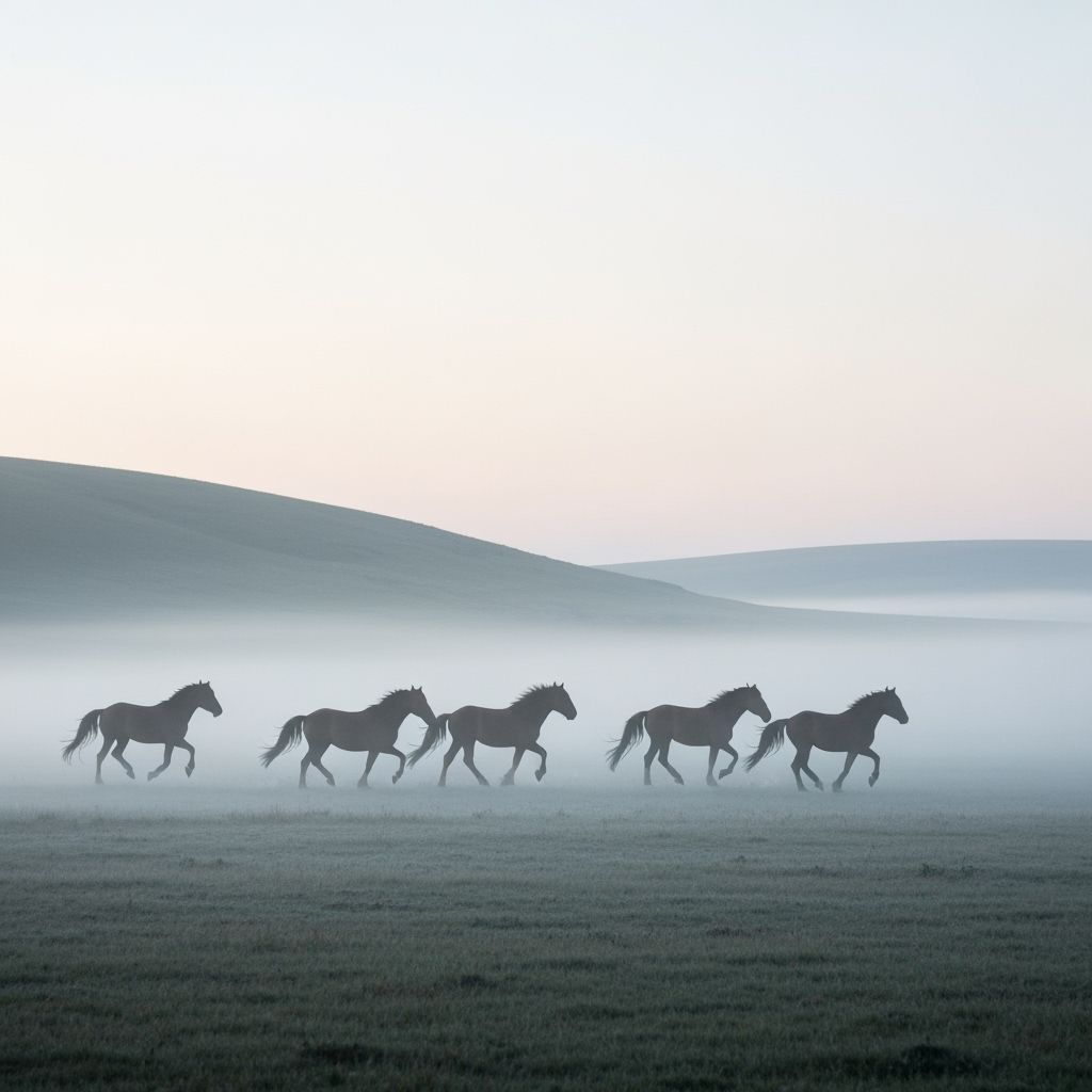 Wild Horses Running in Misty Valley at Dawn
