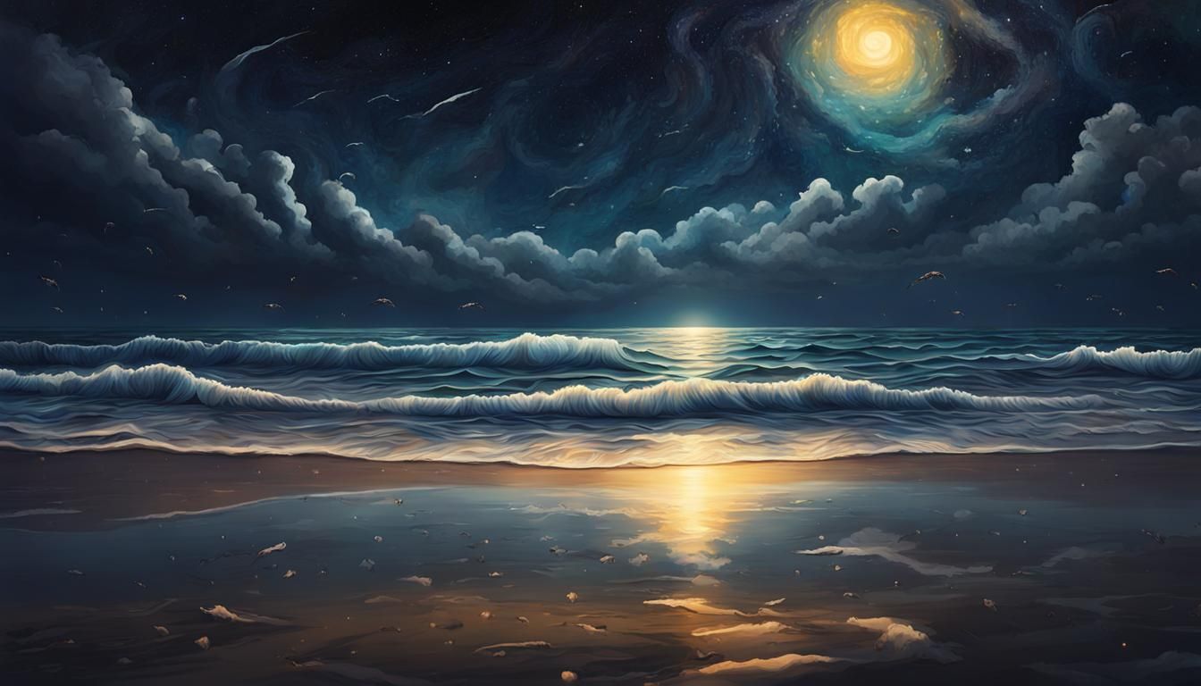 Hyperrealistic Night Ocean Under Starry Sky Splash Art