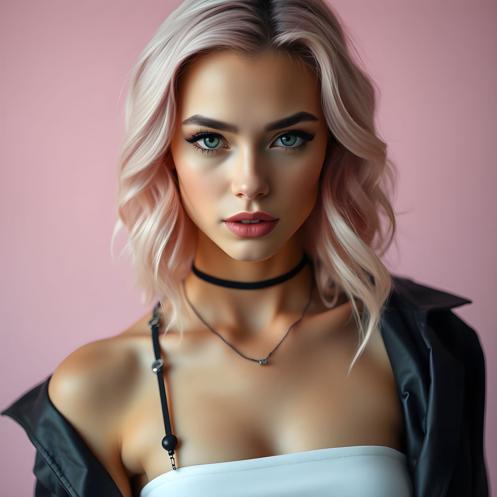 A beautiful young woman with pastel pink wavy hair, soft glowing skin, and symmetrical facial features. Her look is insp...