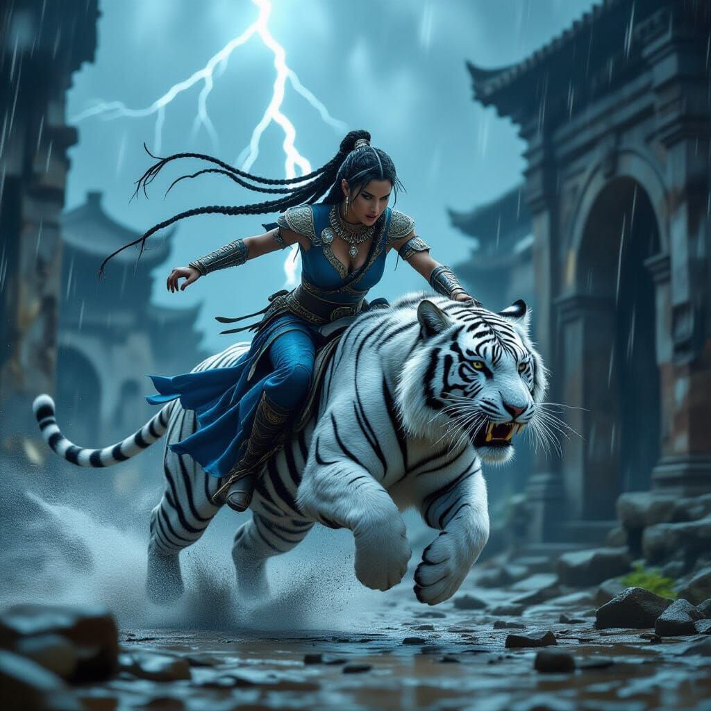 Warrior Princess Leaping on White Tiger