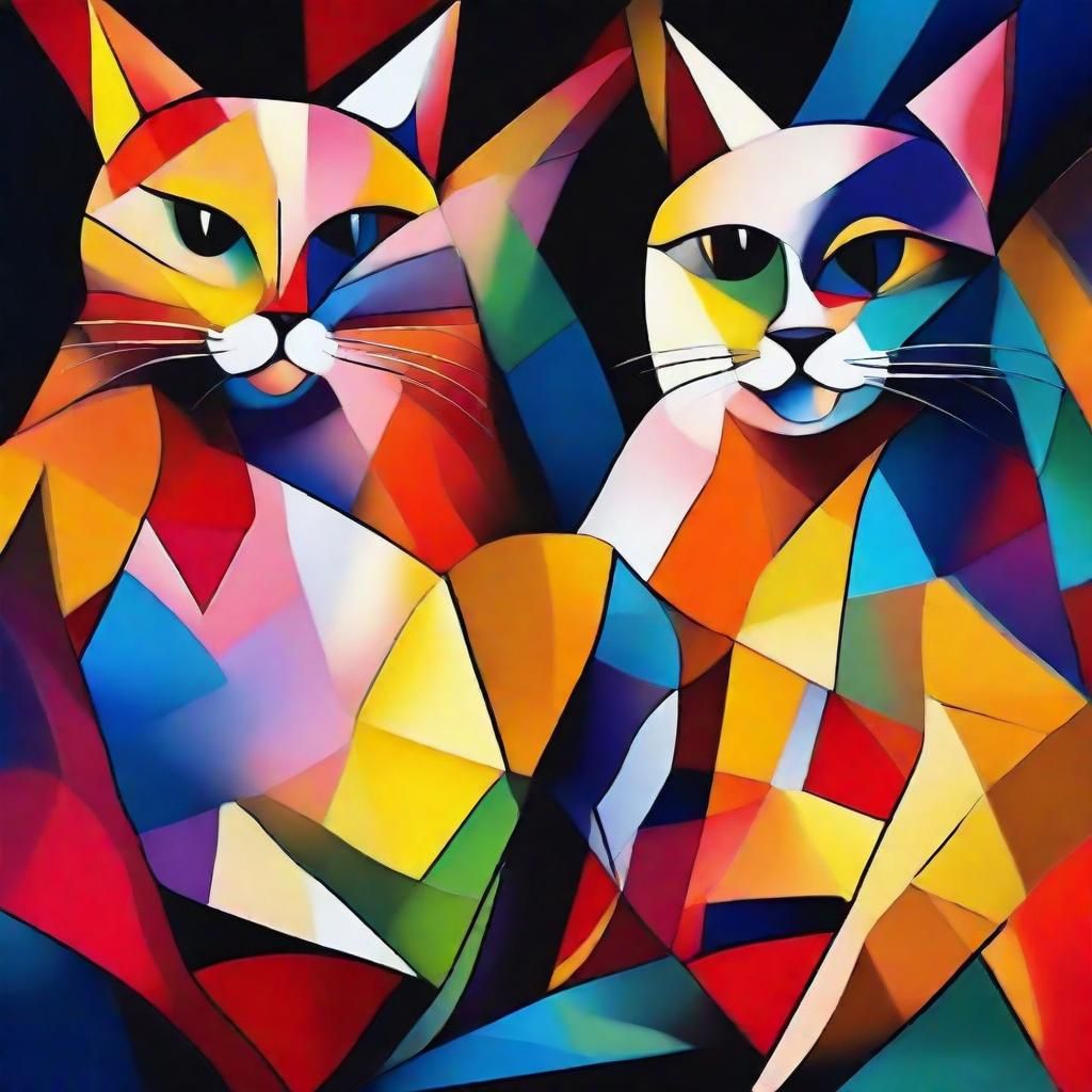 Vibrant Cubist Cats Dancing in Abstract Minimalism