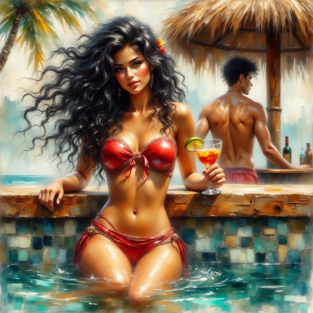 Poolside Beauty in Impressionist Oil and Watercolor Style