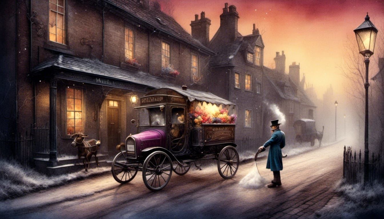 Steampunk Milkman Delivers on Dark Street in Watercolor