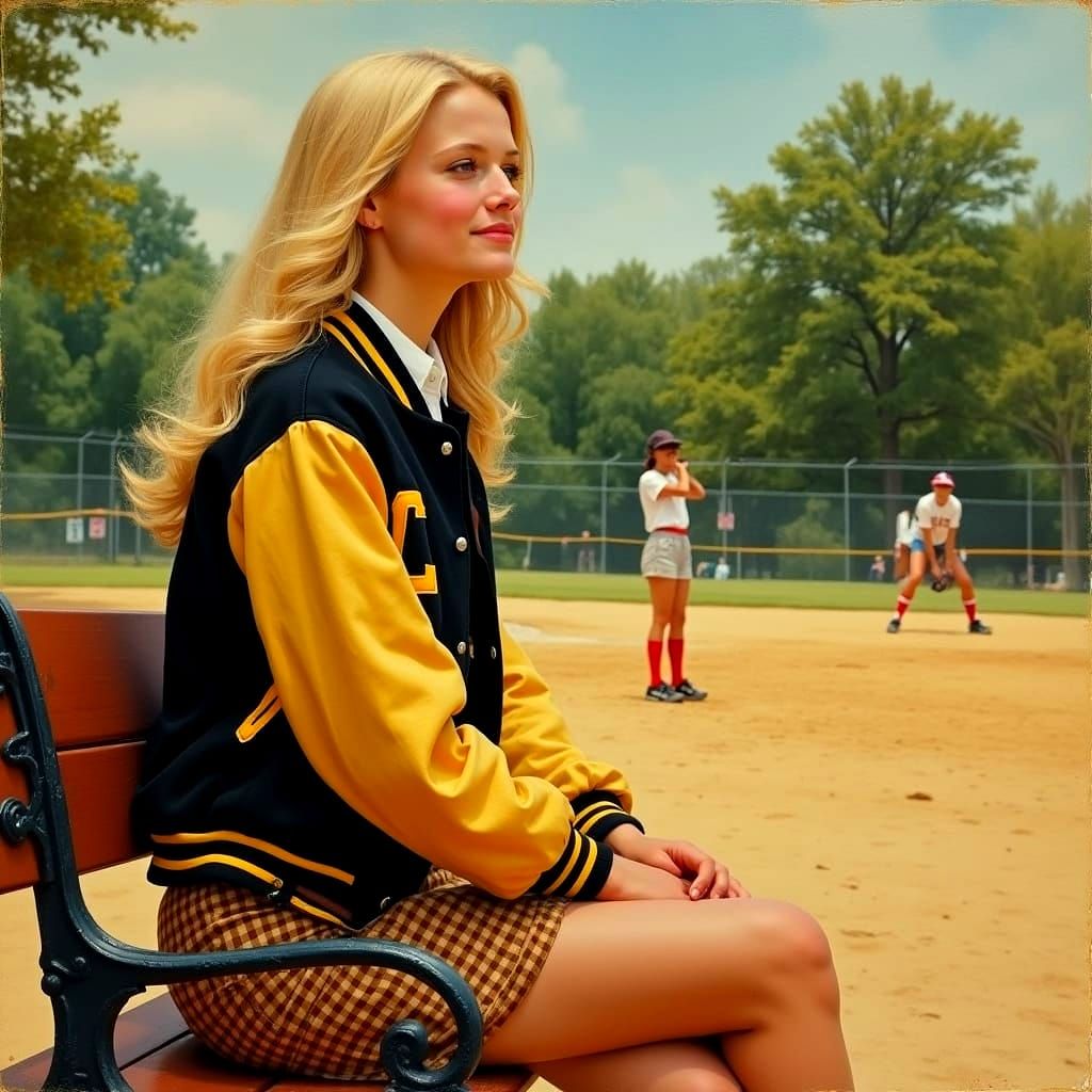 Nostalgic Oil Painting: Woman Watching Softball Game