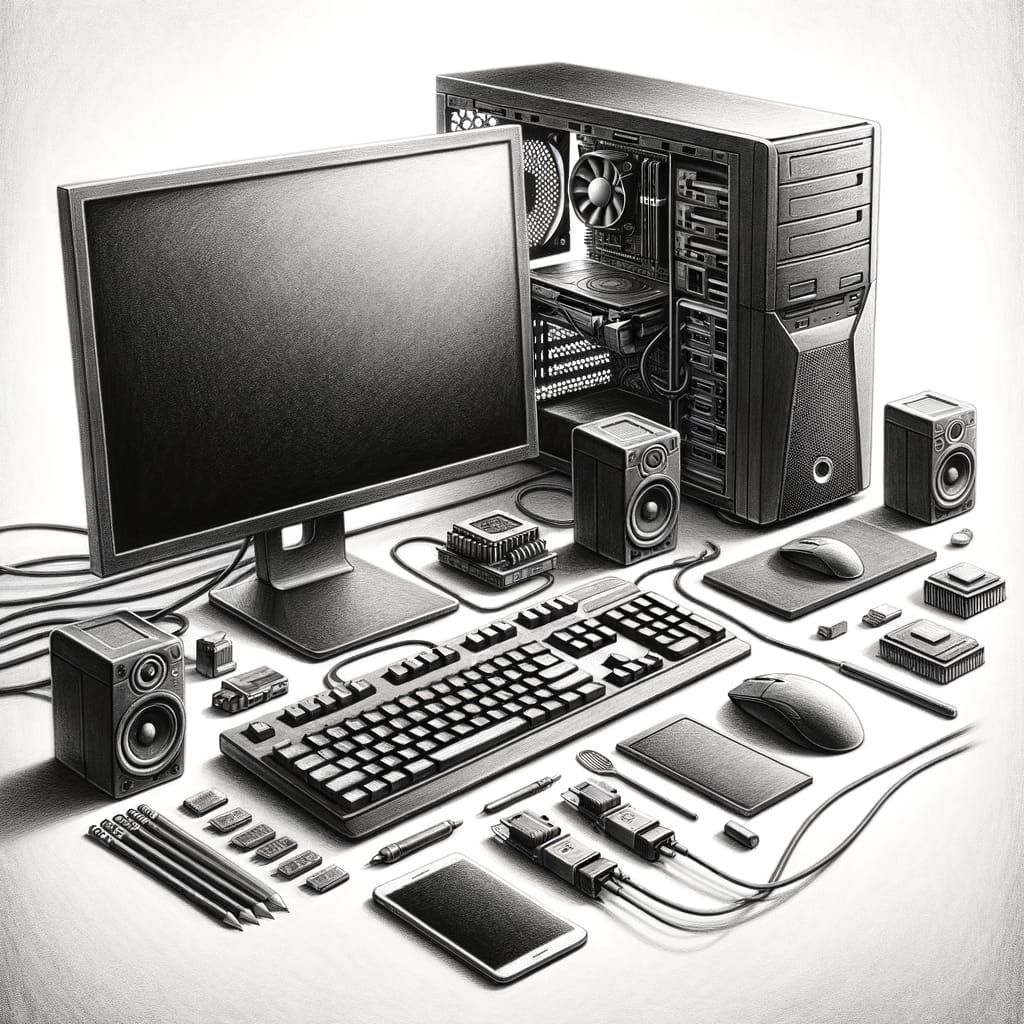 Hyper-Detailed Charcoal Drawing of Minimalist Computer Setup
