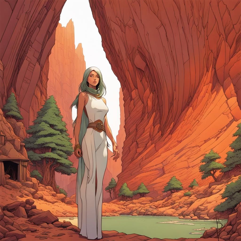 Girl in Canyon: Moebius Line Art Style