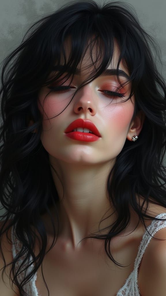 Hyper Realistic Portrait of Woman with Flowing Dark Hair