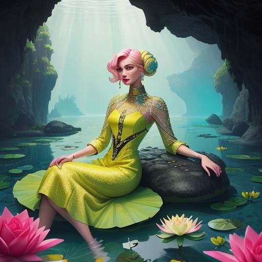 Sci-Fi Fashion: Woman in Ornate Dress in Cave