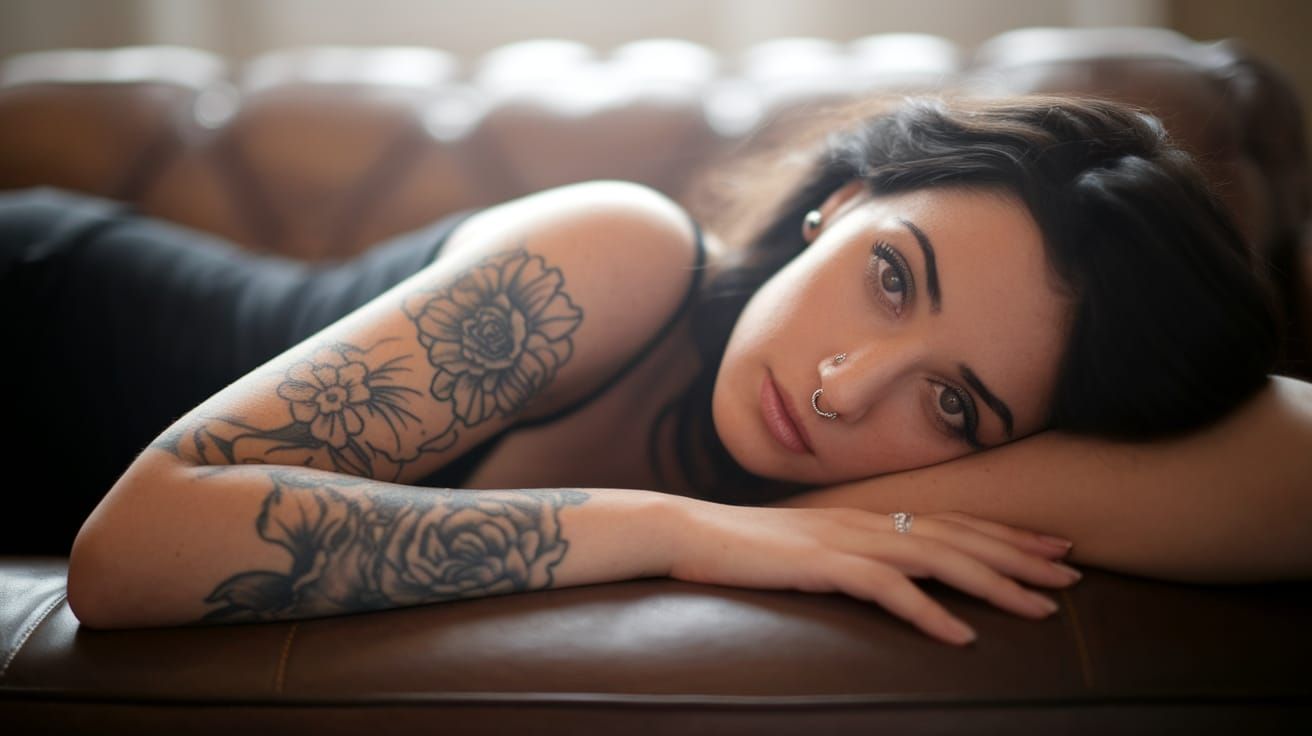 Candid portrait photo of a dark-haired woman lying on a couch, gazing directly at the viewer, her arms adorned with intr...