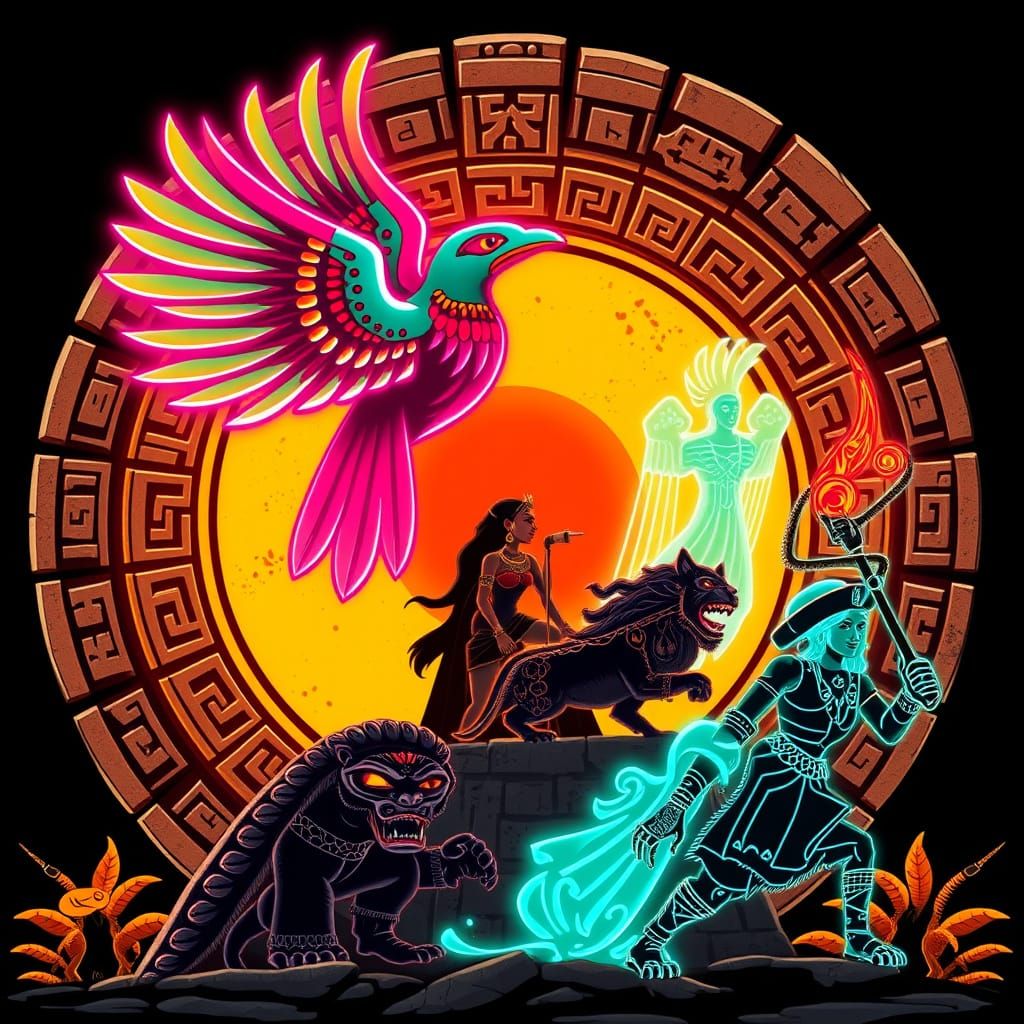 Aztec Calendar Stone with Cyberpunk Neon, in Codex Art