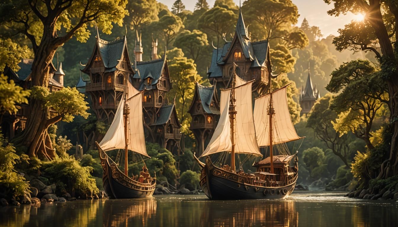 Elven Boat Glides Through Fantasy Landscape