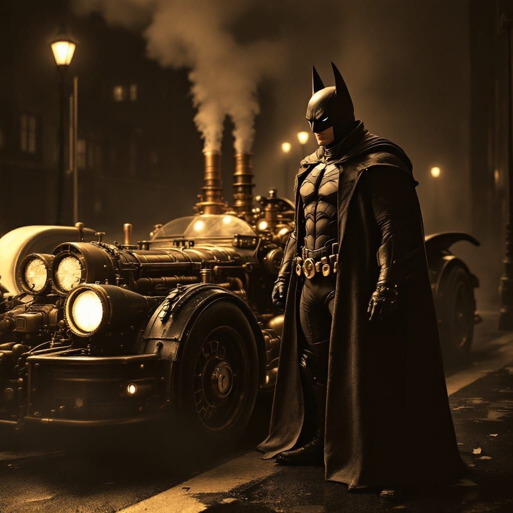 Steampunk Batman Stands Beside His Copper-Piped Batmobile