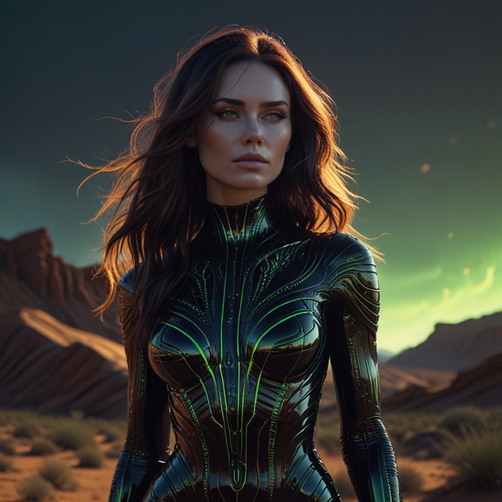 Mysterious Desert Enchantress in a Futuristic Haze