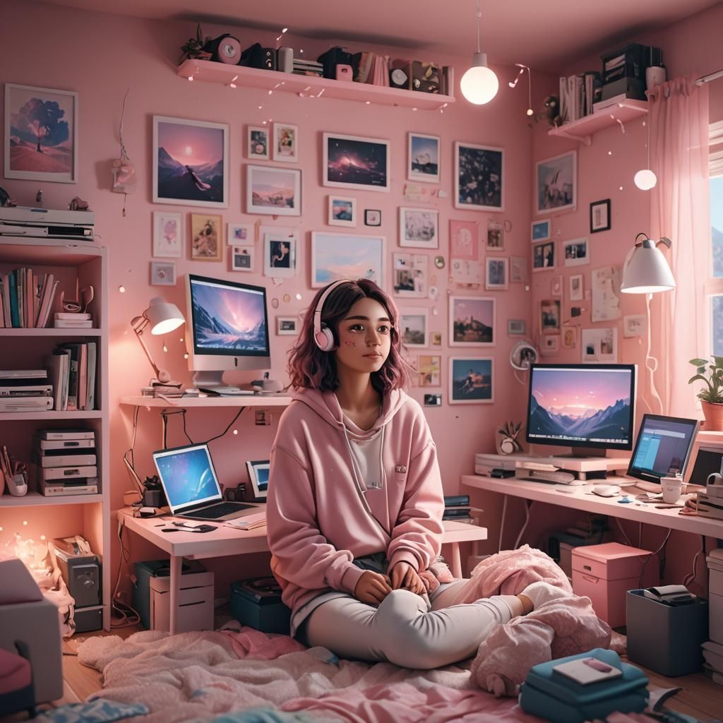 Cute Lofi Woman in Cozy Room, Unreal Engine Render