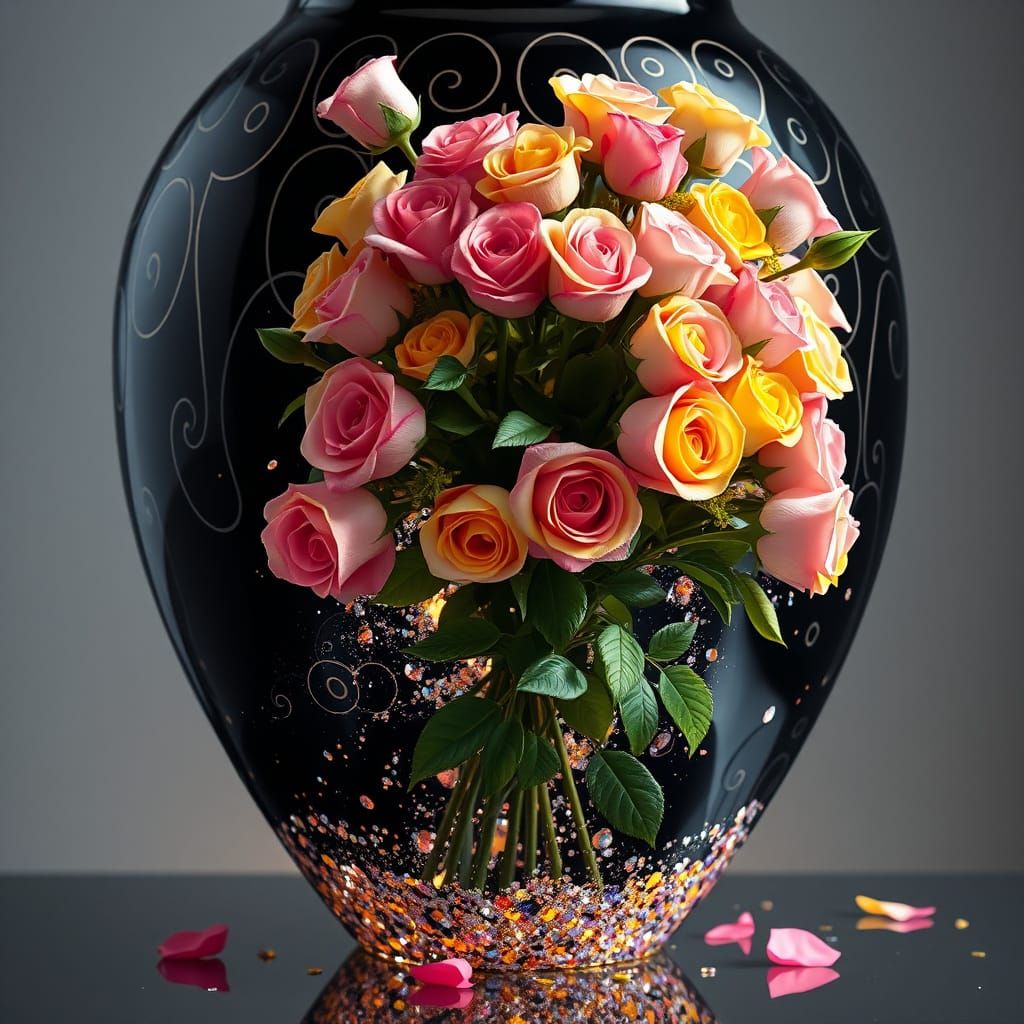 Luxurious, Hyper-Realistic Vase with Engraved Hearts and Blo...
