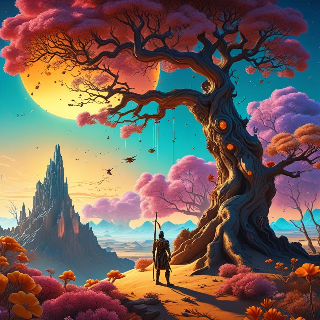 Warrior's Transformation: A Cosmic Surrealism Landscape