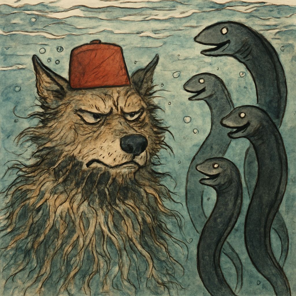 Underwater Wolf in Fez: Egon Schiele-Style Sketch