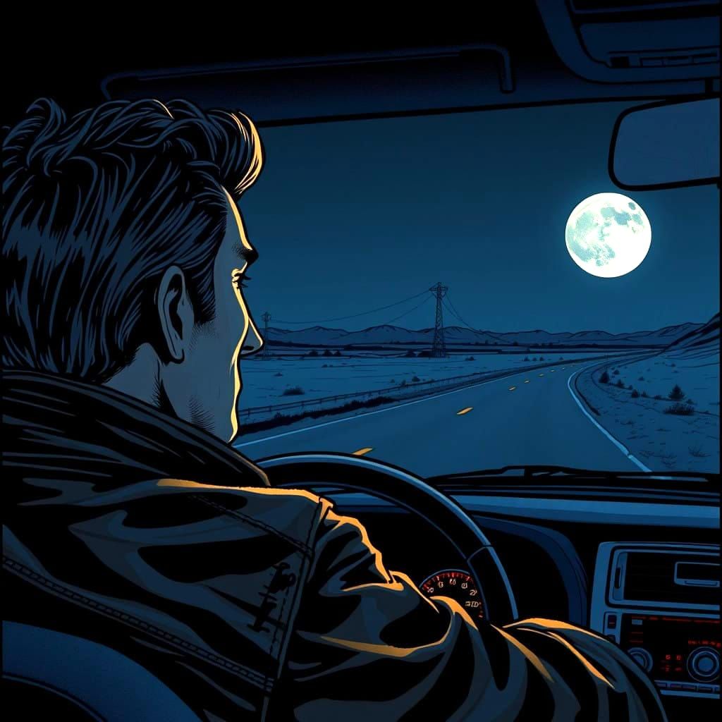Moonlit Night Drive in the Style of Comic Book Art