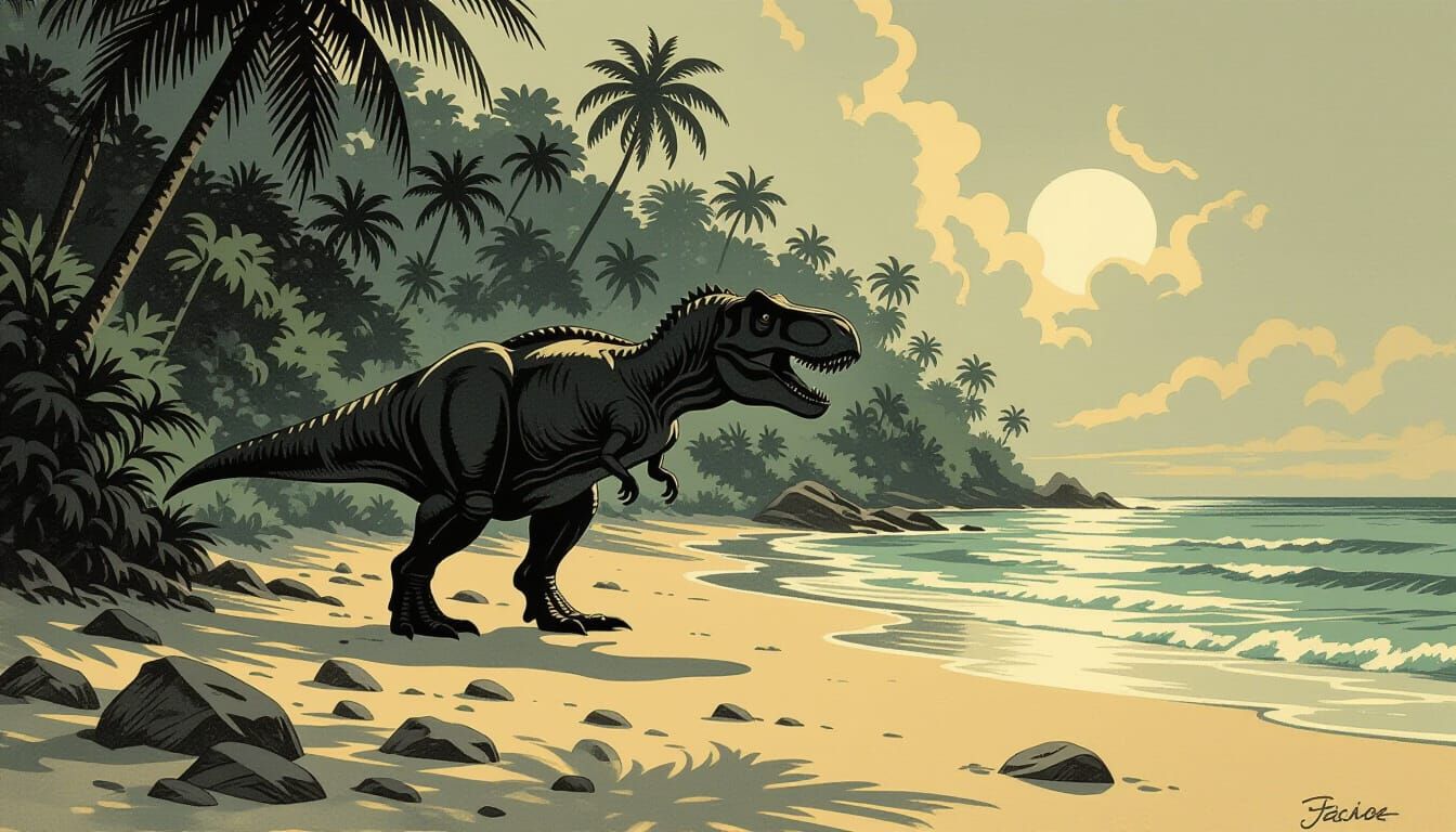 Tyrannosaurus Rex in Prehistoric Jungle Near Sea
