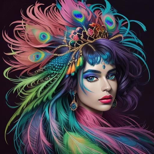 Abstract Portrait with Peacock Feathers in Fauvist Style
